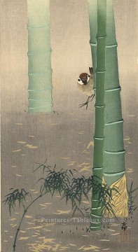 Moineau d’arbre et bambou Ohara KOSON oiseaux Peinture à l'huile